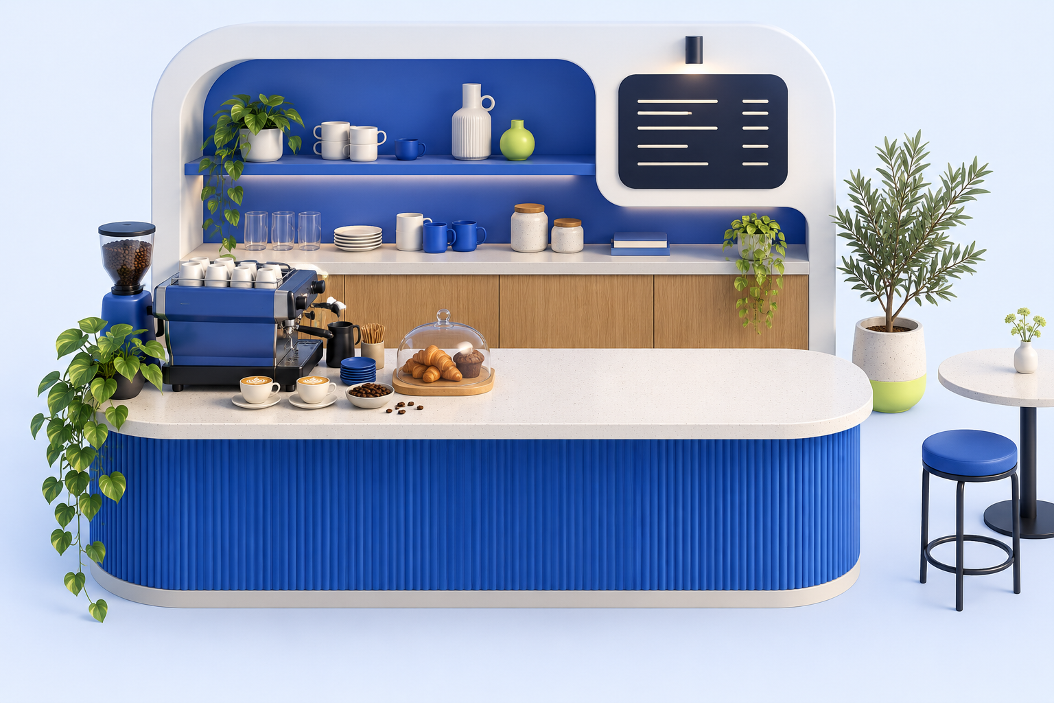 Barra ilustrada de Café Sito, con cafetera, pan recién hecho y un stand sobre el mostrador